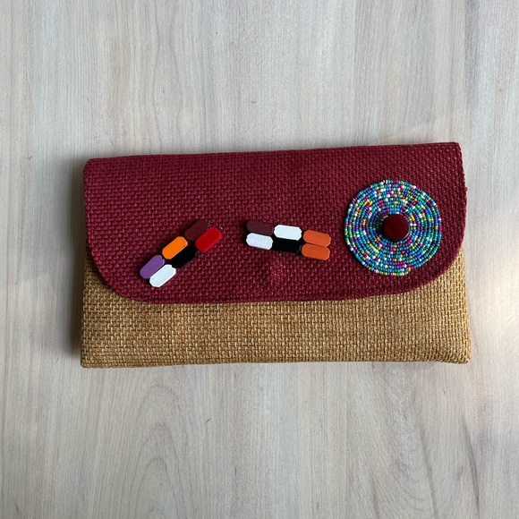NWOT African Handmade Woven Womens Abstract Clutch Purse Maroon Tan Snap Closure - Picture 14 of 14